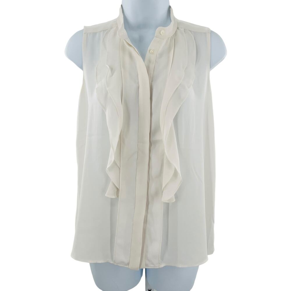 Ann Taylor White Silk Ruffle Front Mock Neck Sleeveless Classic Top Blouse XS